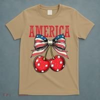 Cute America Cherries Coquette Bow Funny Cherry 4th Of July T-Shirt thumb 5