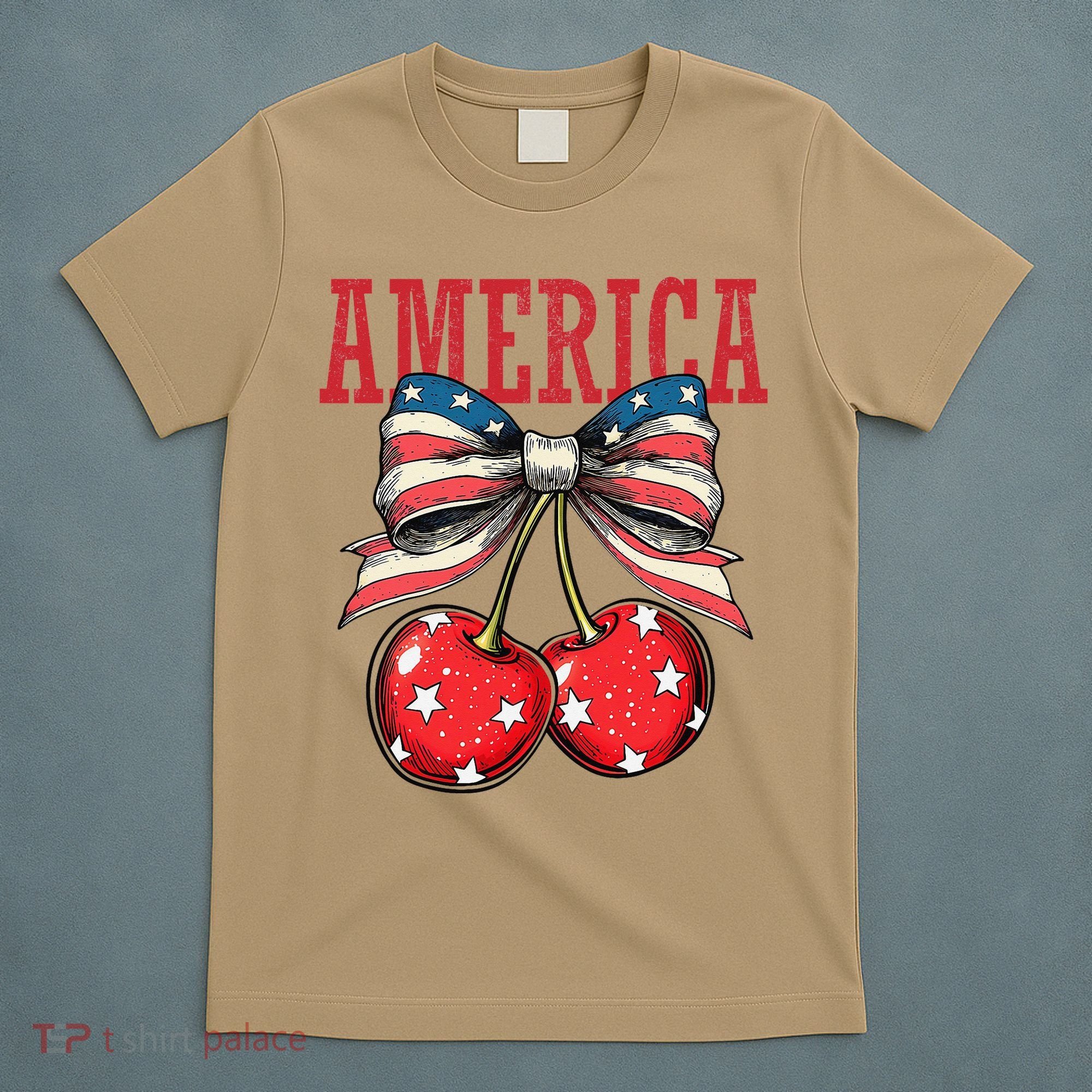 Cute America Cherries Coquette Bow Funny Cherry 4th Of July T-Shirt