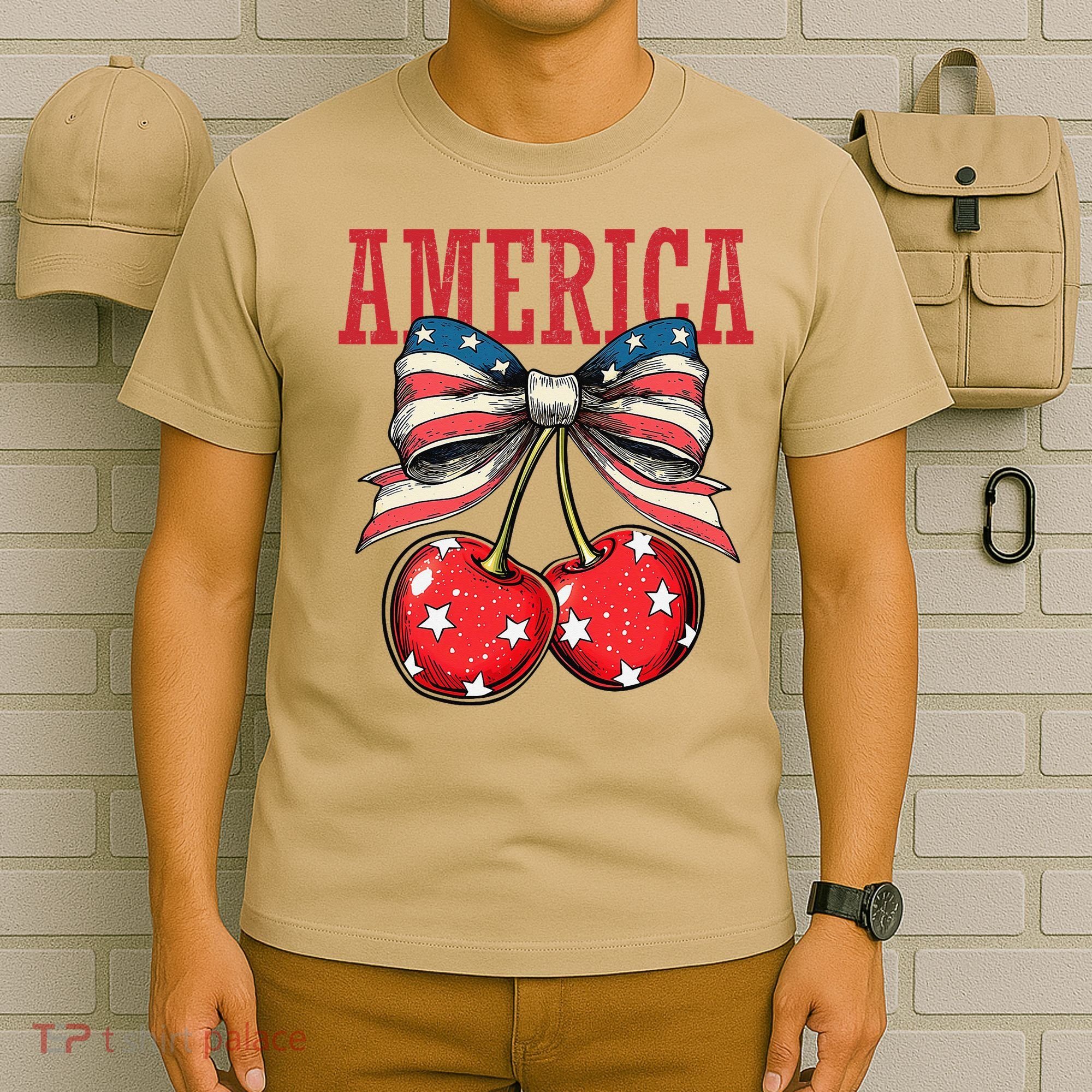Cute America Cherries Coquette Bow Funny Cherry 4th Of July T-Shirt