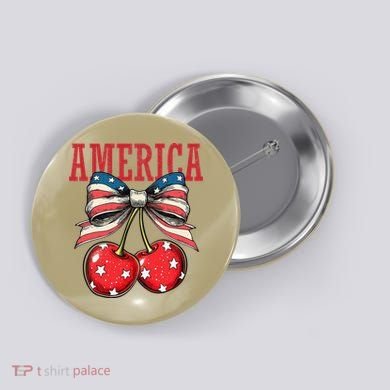 Cute America Cherries Coquette Bow Funny Cherry 4th Of July Button