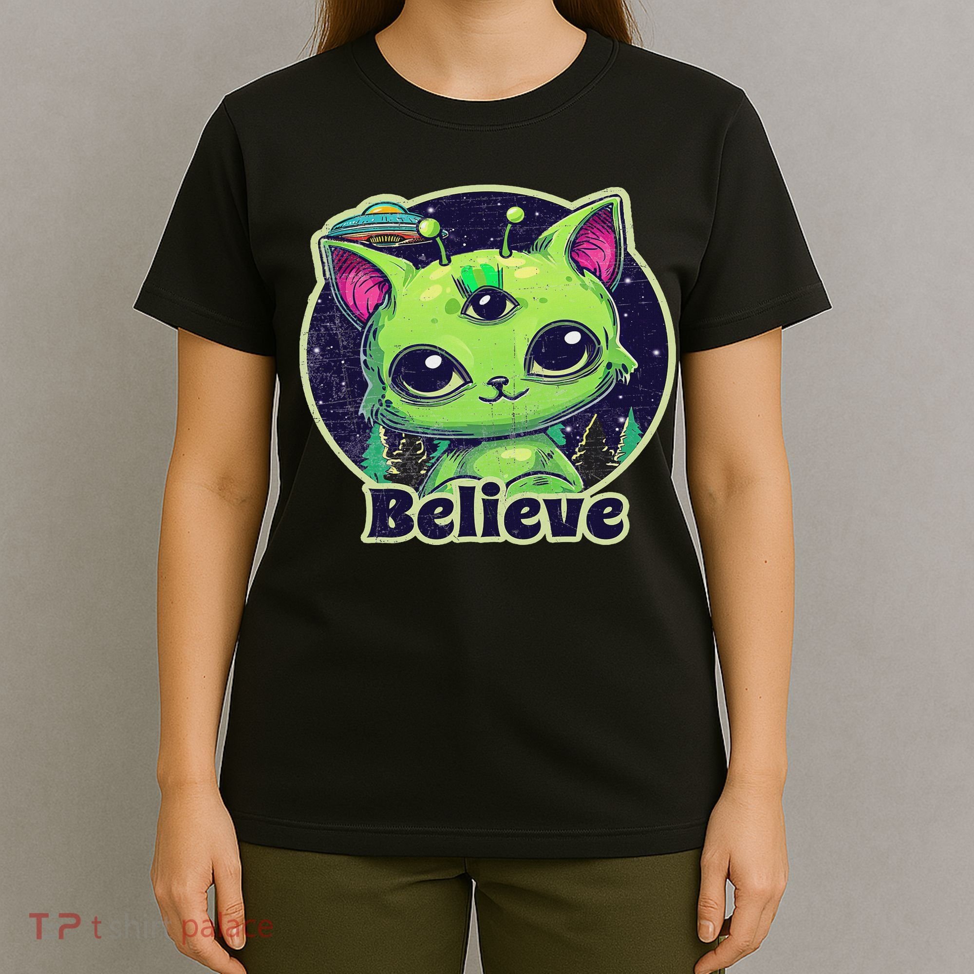 Cute Alien Cat Belive In Ufo Kawaii T-Shirt