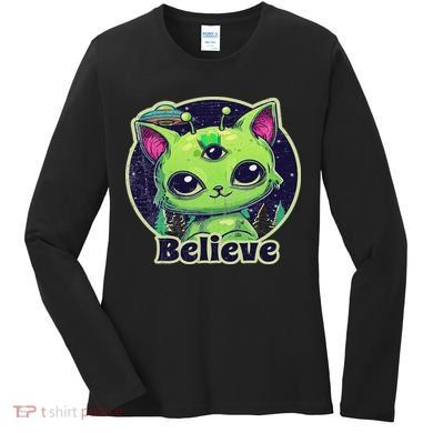 Cute Alien Cat Belive In Ufo Kawaii Women's Long Sleeve Shirt