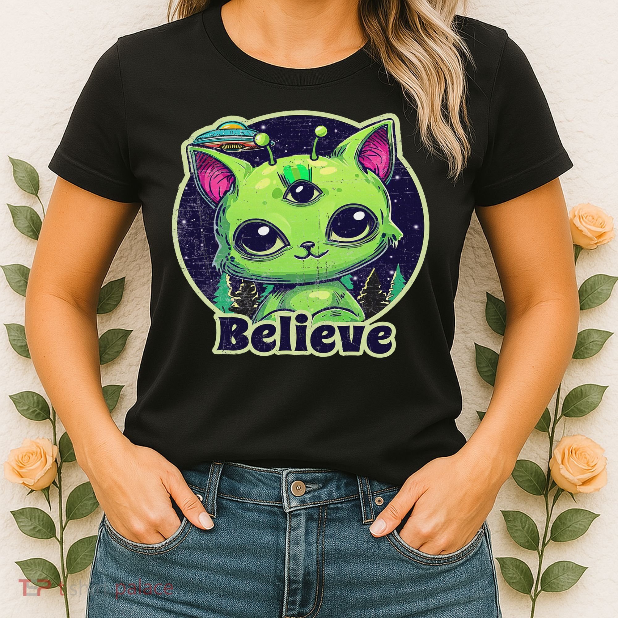 Cute Alien Cat Belive In Ufo Kawaii Women's T-Shirt