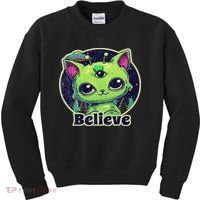 Cute Alien Cat Belive In Ufo Kawaii Kids Sweatshirt thumb 0