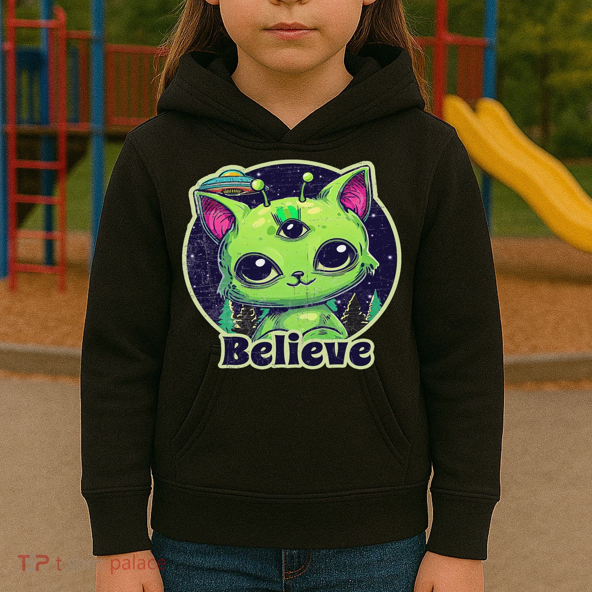 Cute Alien Cat Belive In Ufo Kawaii Kids Hoodie