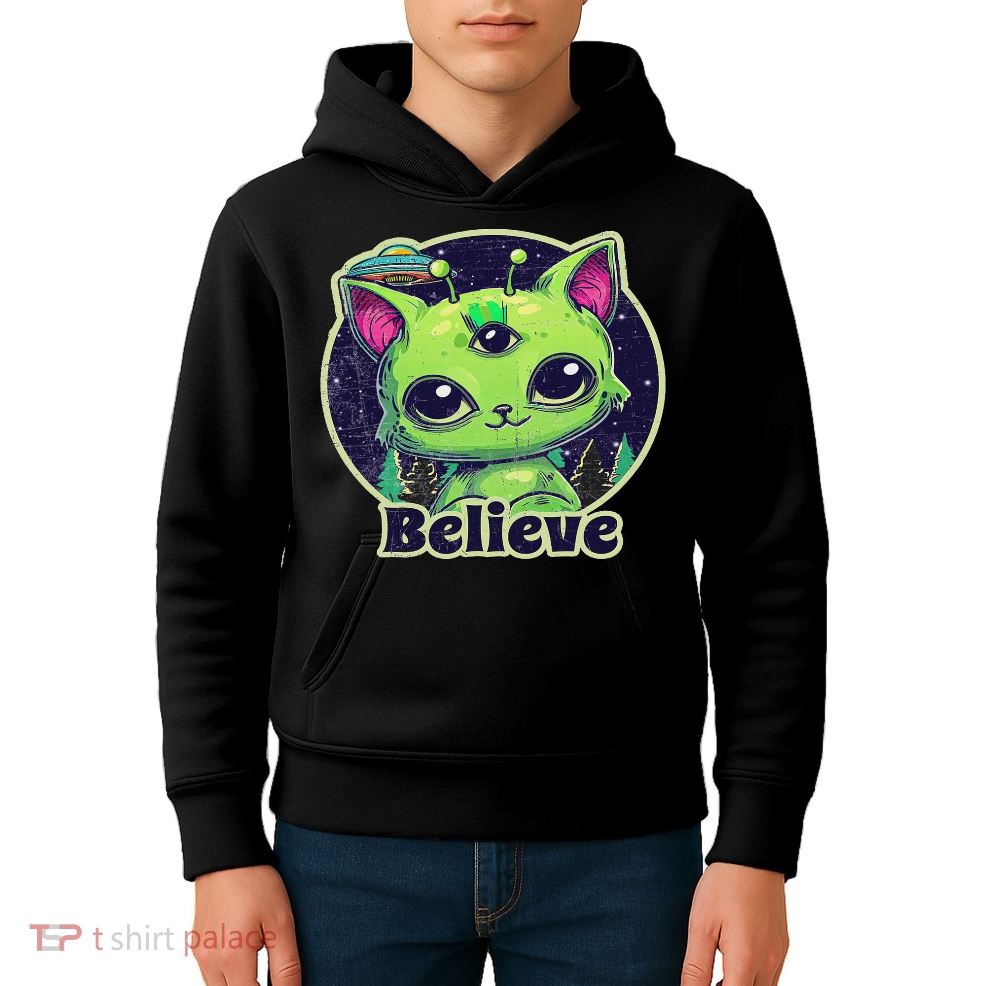 Cute Alien Cat Belive In Ufo Kawaii Kids Hoodie