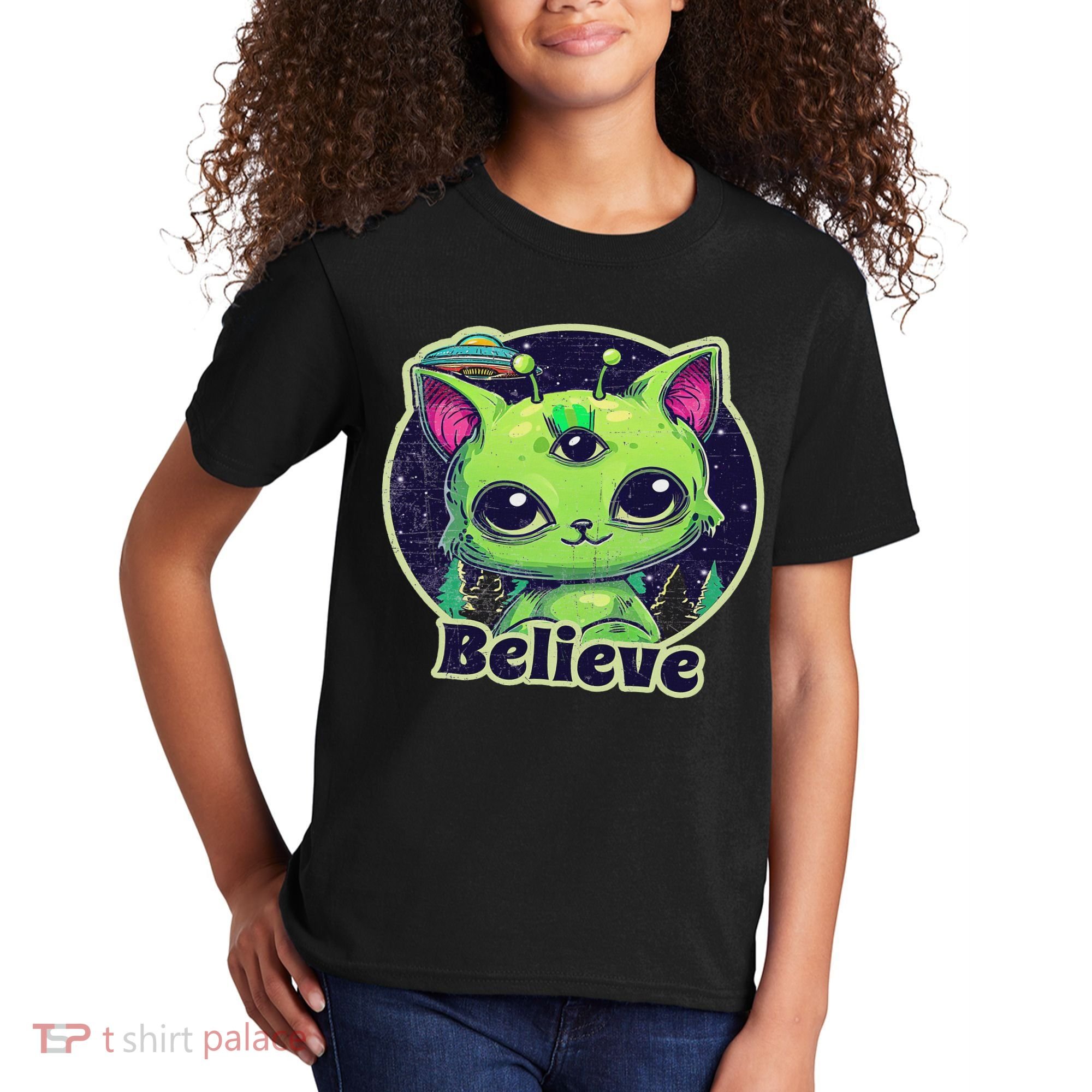 Cute Alien Cat Belive In Ufo Kawaii Kids T-Shirt