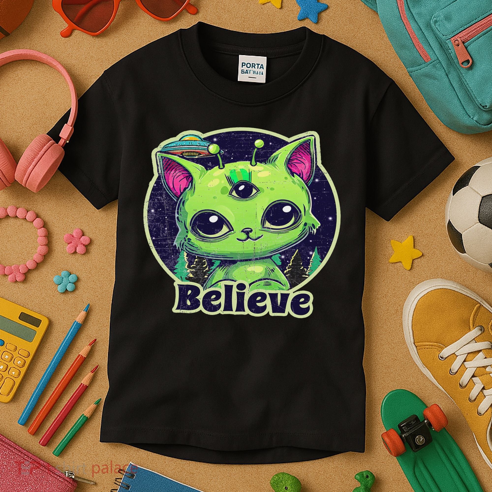 Cute Alien Cat Belive In Ufo Kawaii Kids T-Shirt