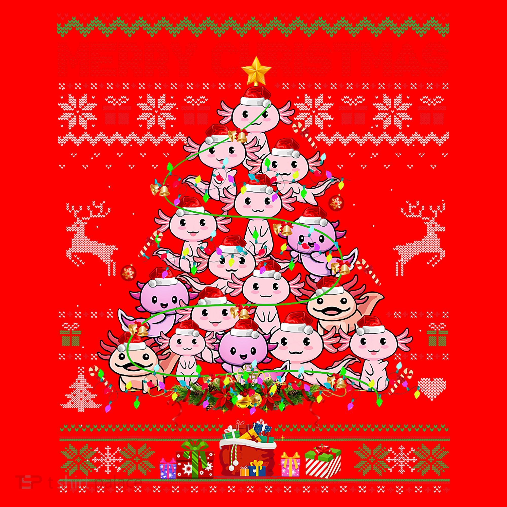Cute Axolotl Christmas Tree Ugly Sweater   Santa Hat