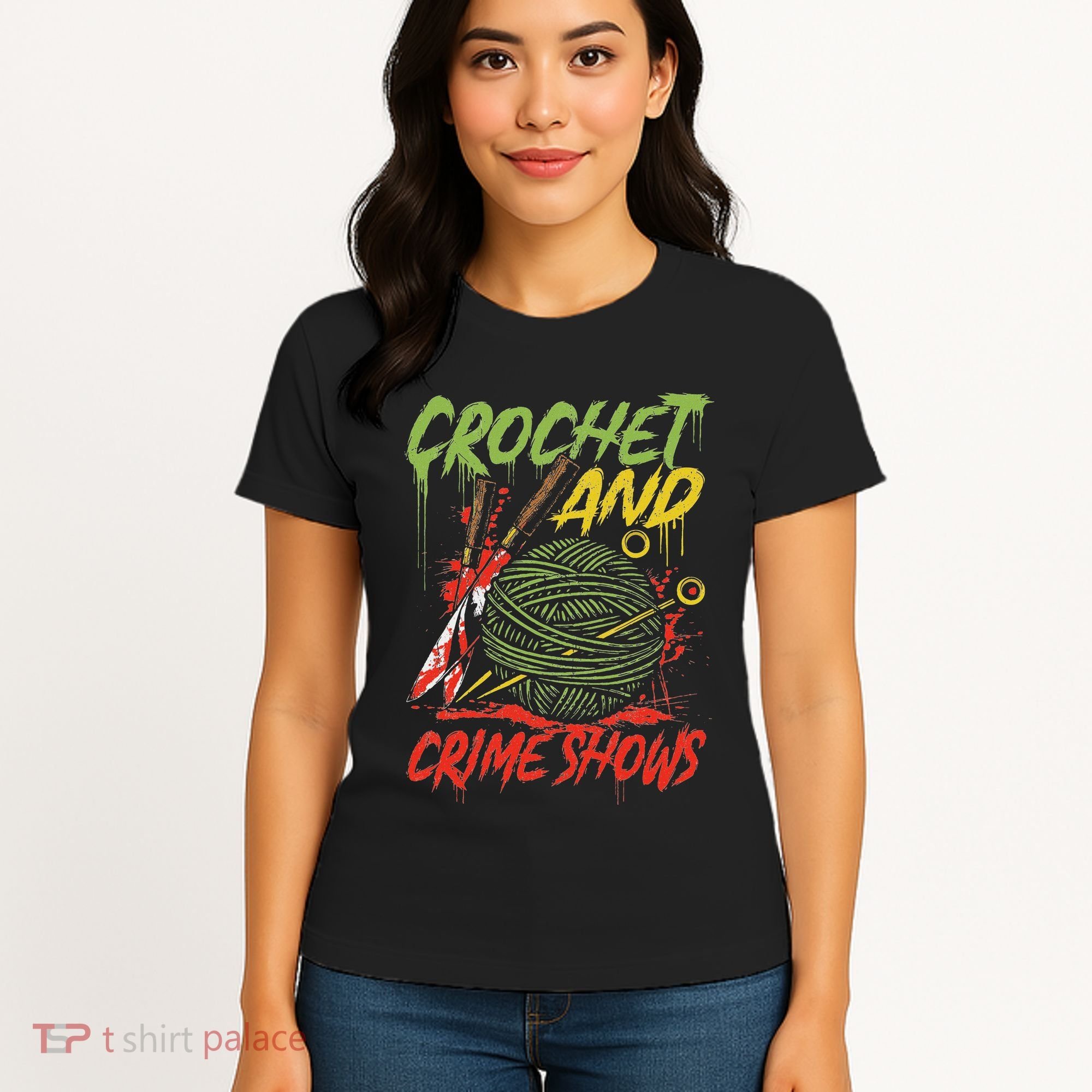 Crochet And Crime Shows Funny Crime Show Lover Knitting Women's T-Shirt