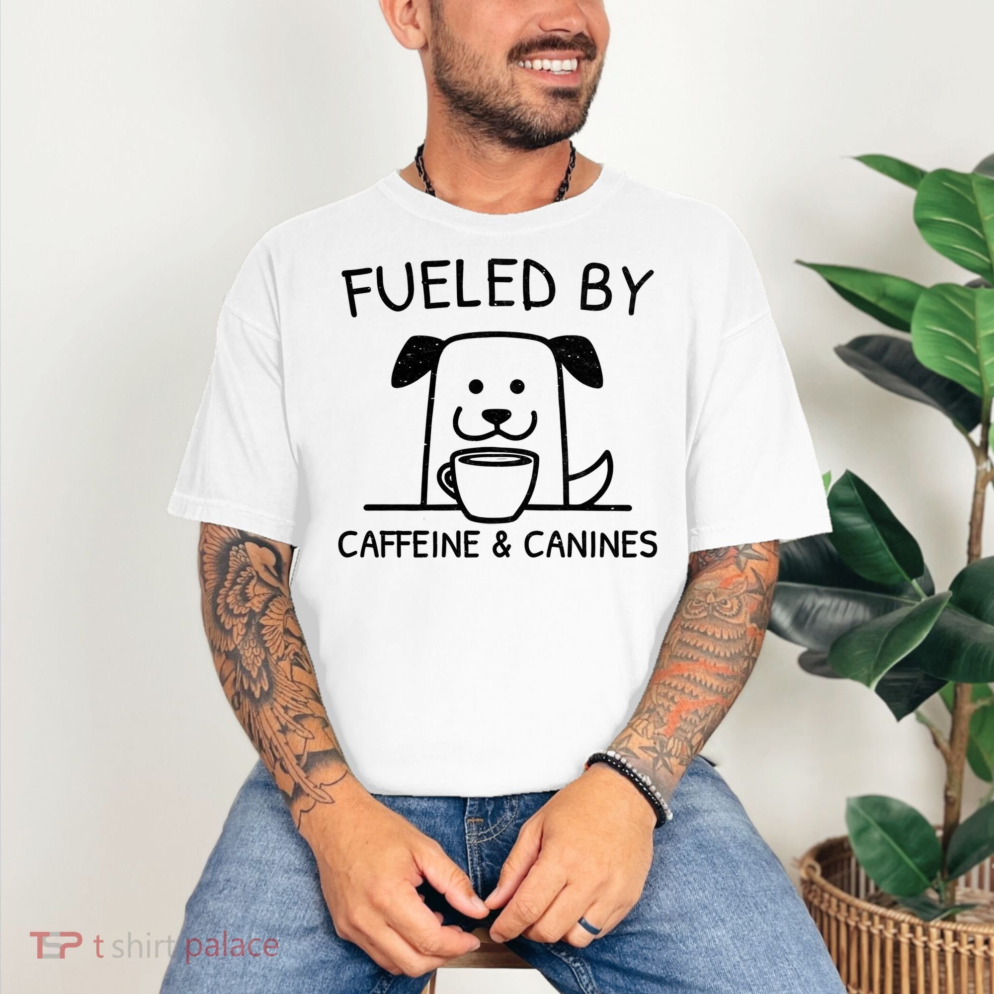 Caffeine And Canines Funny Coffee Dog Lover Morning  Comfort Colors T-Shirt