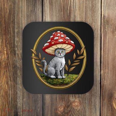 Cottagecore Aesthetic Cat with Mushroom Hat Coaster