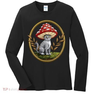 Cottagecore Aesthetic Cat with Mushroom Hat Women's Long Sleeve Shirt