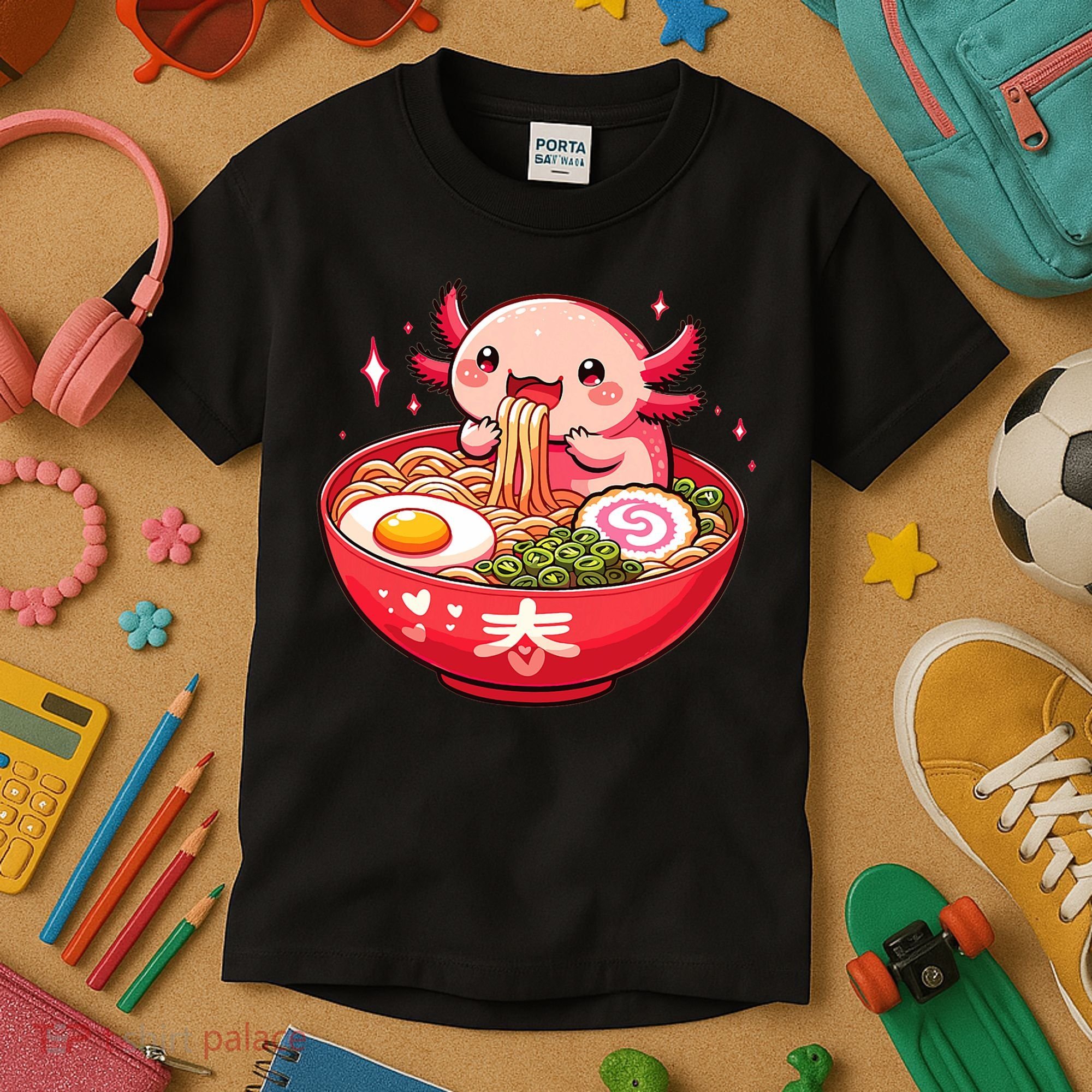 Cute Axolotl Eats Ramen Noodles Axolotls Ramen Kids T-Shirt