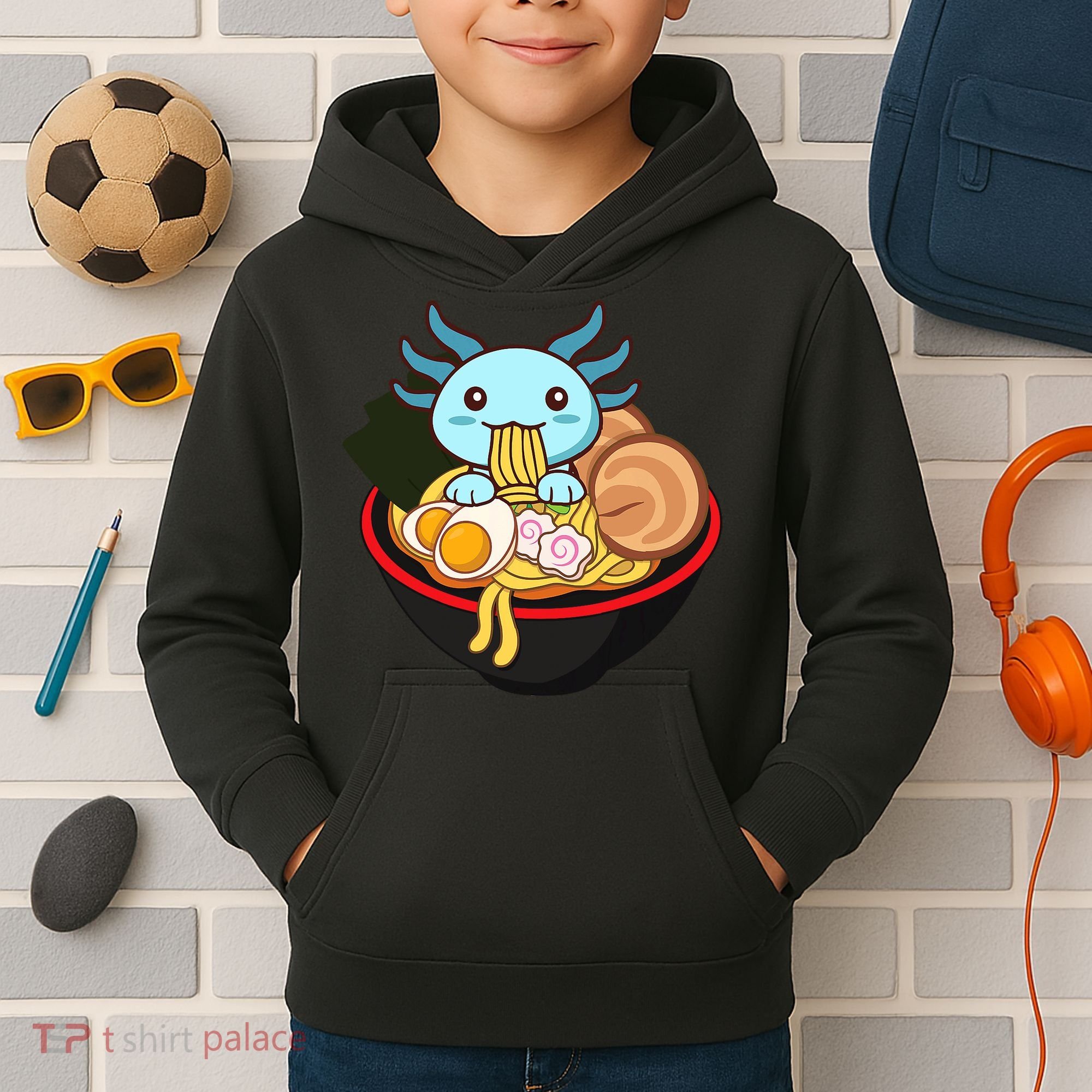 Cute Axolotl Eating Ramen Kawaii Anime Kids Hoodie