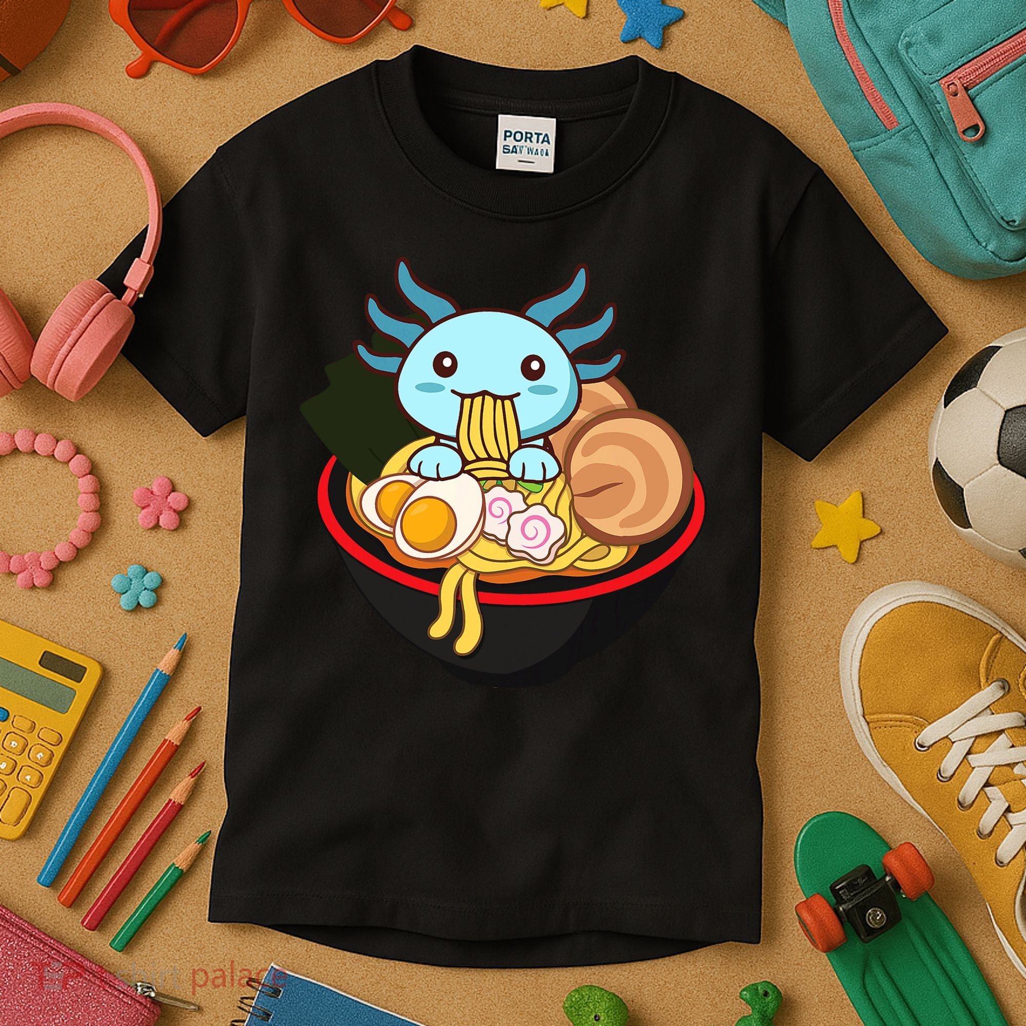 Cute Axolotl Eating Ramen Kawaii Anime Kids T-Shirt