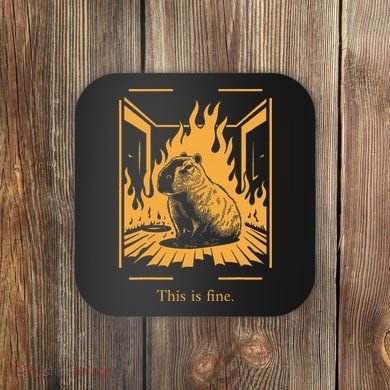 Capybara Amidst Flames This Is Fine Meme Art Coaster