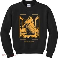 Capybara Amidst Flames This Is Fine Meme Art Kids Sweatshirt thumb 0