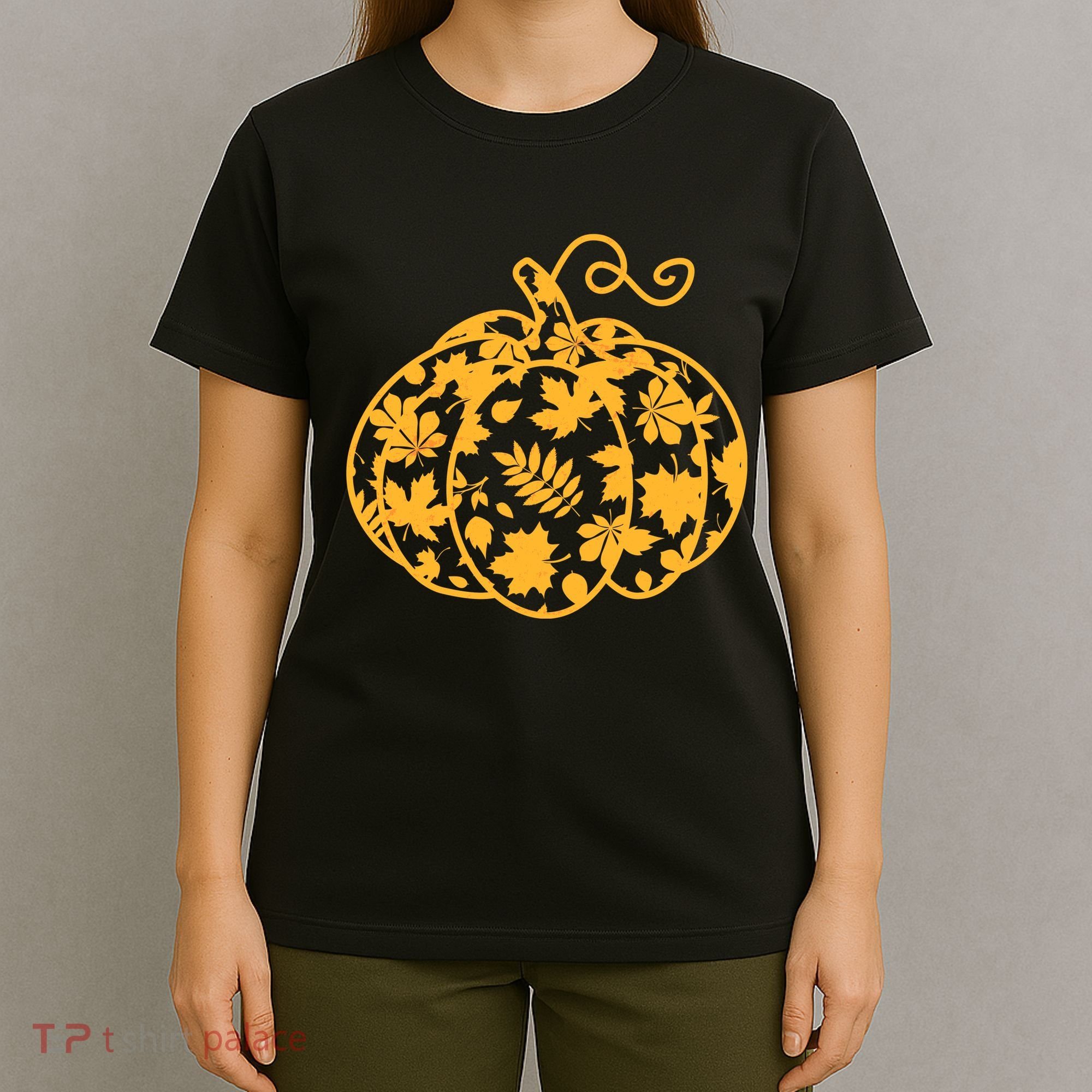 Cute Autumn Fall Leaves Pattern Pumpkin T-Shirt
