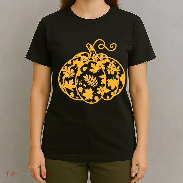 Cute Autumn Fall Leaves Pattern Pumpkin T-Shirt
