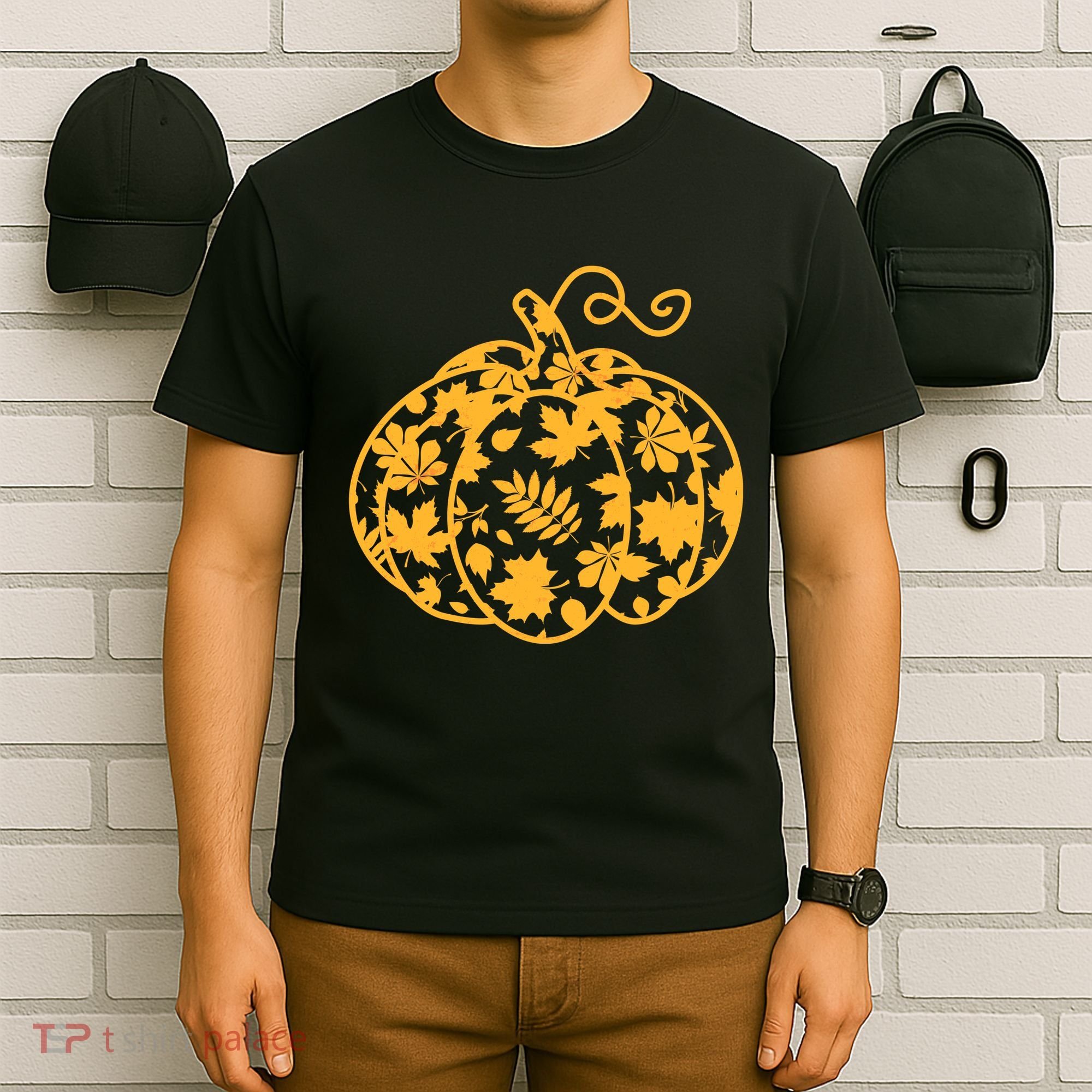 Cute Autumn Fall Leaves Pattern Pumpkin T-Shirt