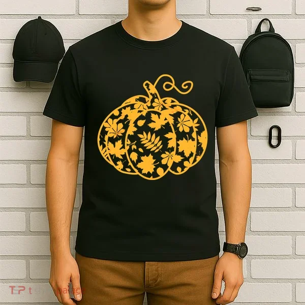 Cute Autumn Fall Leaves Pattern Pumpkin T-Shirt