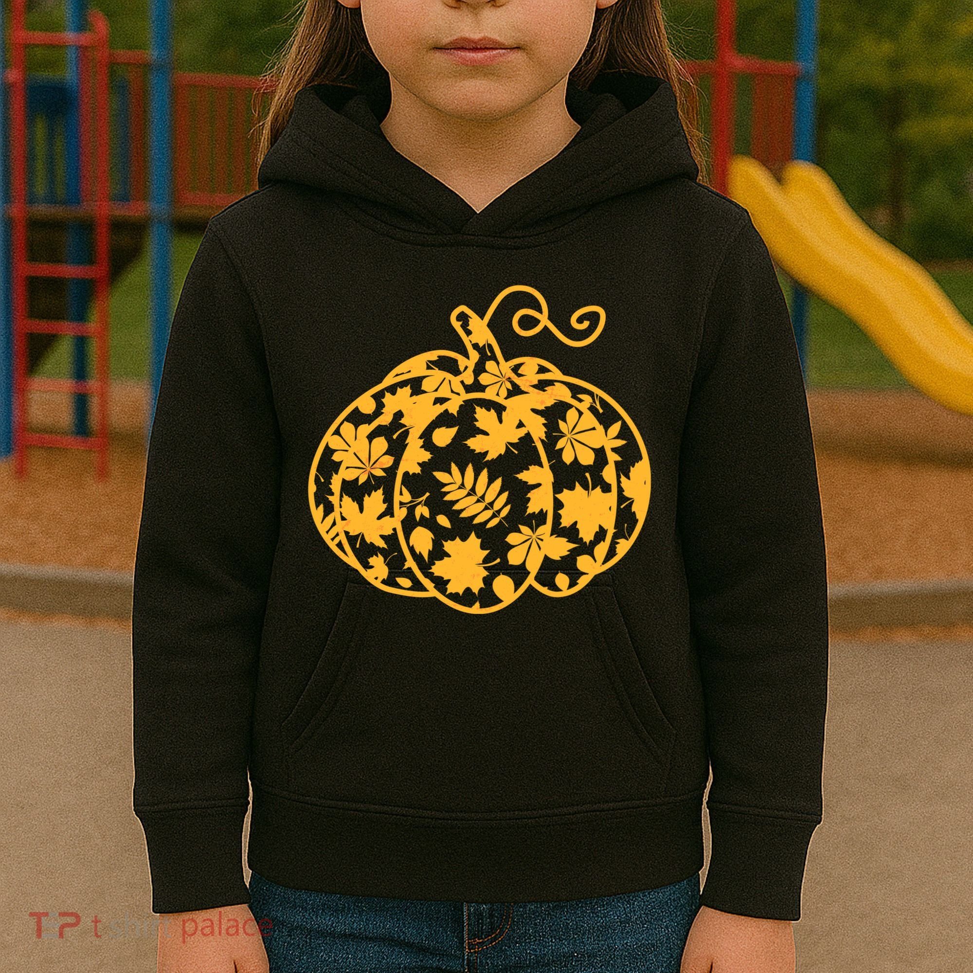 Cute Autumn Fall Leaves Pattern Pumpkin Kids Hoodie