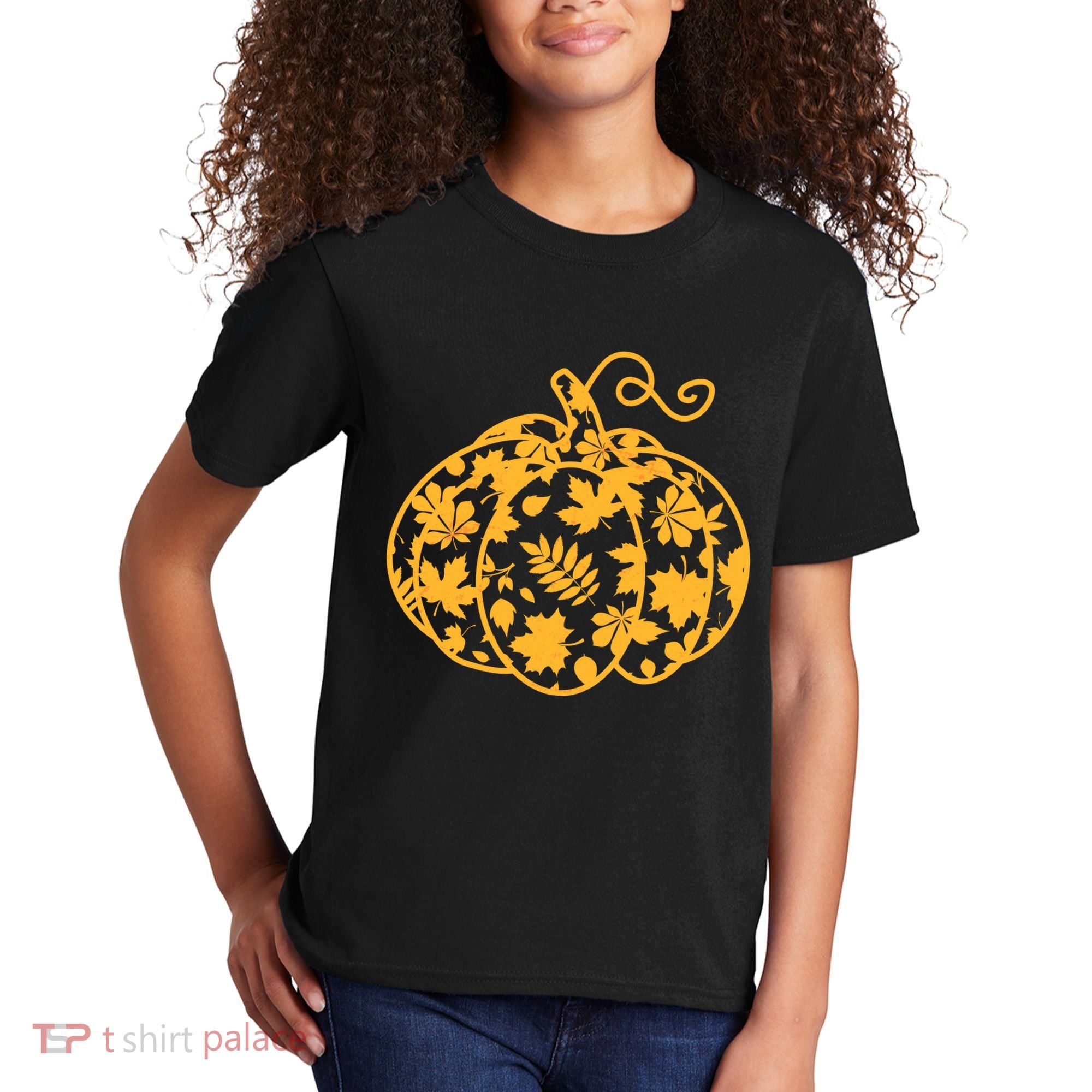 Cute Autumn Fall Leaves Pattern Pumpkin Kids T-Shirt