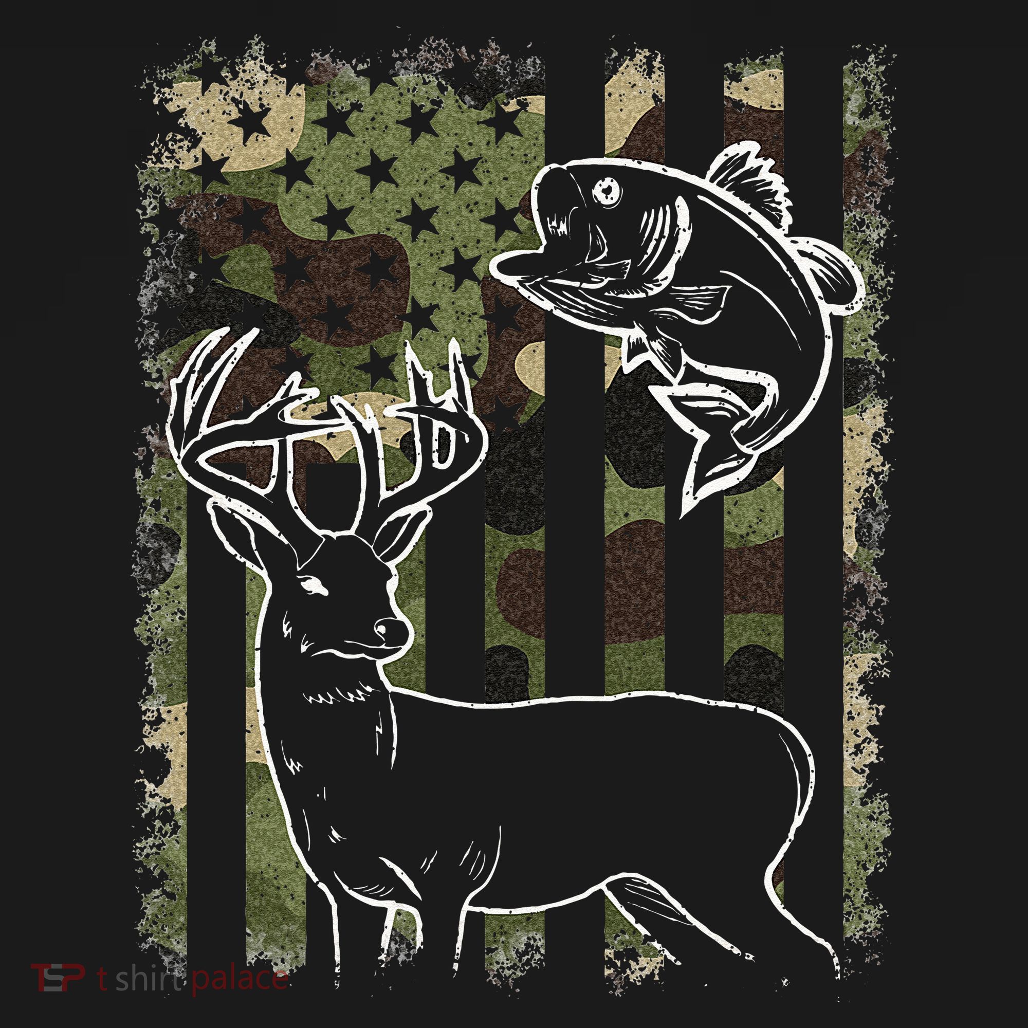 Camouflage American Flag Fishing Hunting Hunter Deer Fish T-Shirt