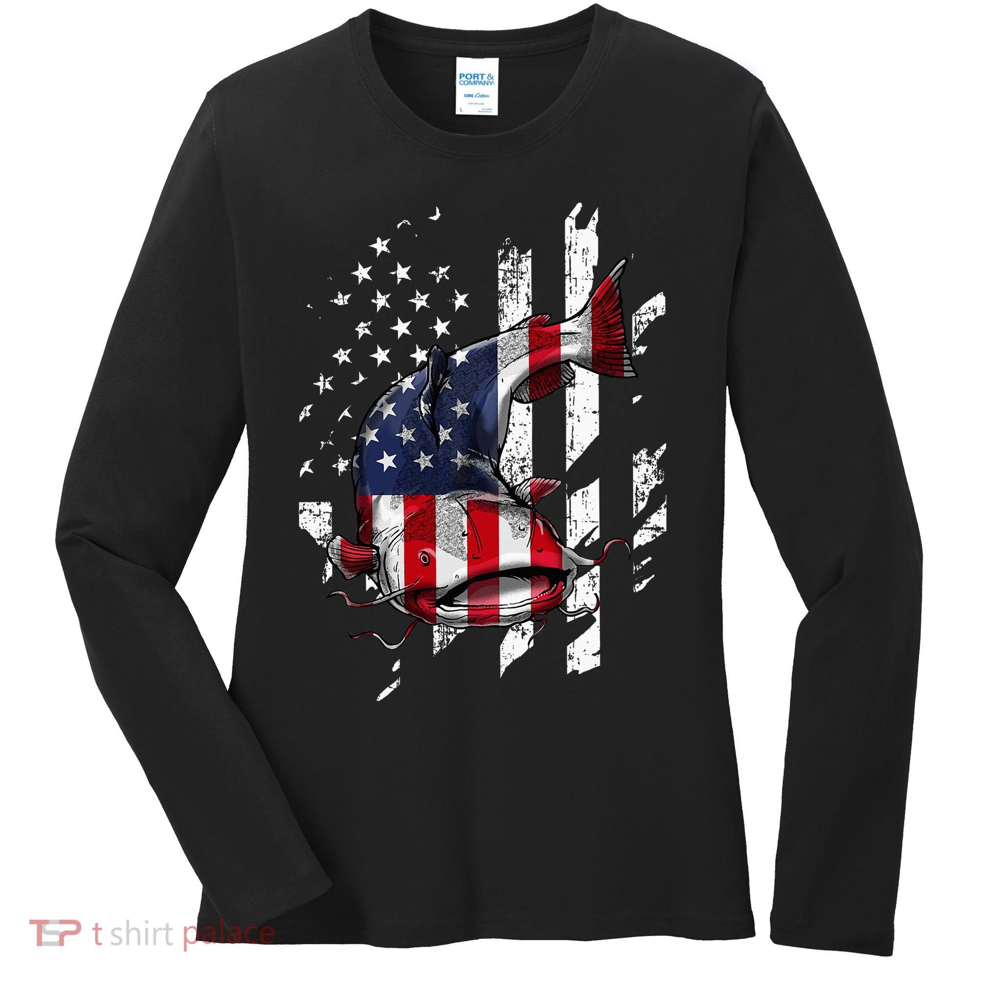 Catfishing American Flag Catfish Angler Fisherman Women's Long Sleeve Shirt