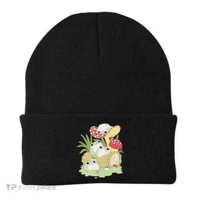 Cottagecore Aesthetic Frog Lying on Mushroom Beanie