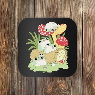 Cottagecore Aesthetic Frog Lying on Mushroom Coaster