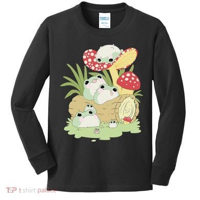 Cottagecore Aesthetic Frog Lying on Mushroom Kids Long Sleeve Shirt
