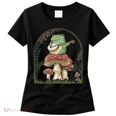 Cottagecore Aesthetic Frog Playing Banjo on Mushroom Cute Women's T-Shirt