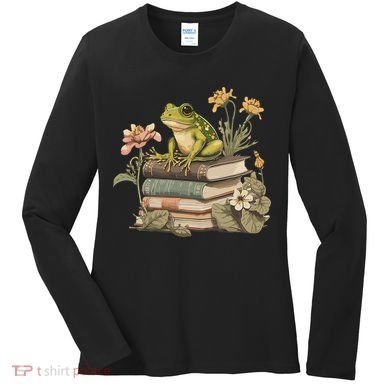 Cottagecore Aesthetic Frog Reading Book Mushroom Lover Women's Long Sleeve Shirt