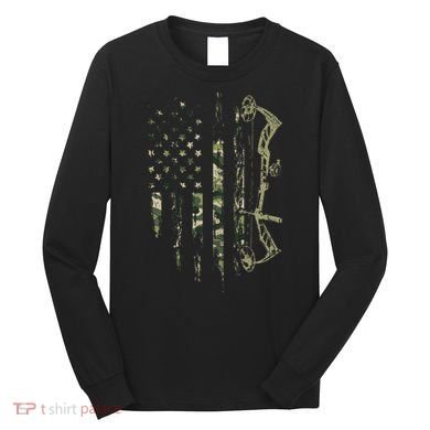 Camo American Flag Bowhunting Bow Archery Deer Hunting Gift Long Sleeve Shirt