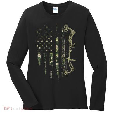 Camo American Flag Bowhunting Bow Archery Deer Hunting Gift Women's Long Sleeve Shirt