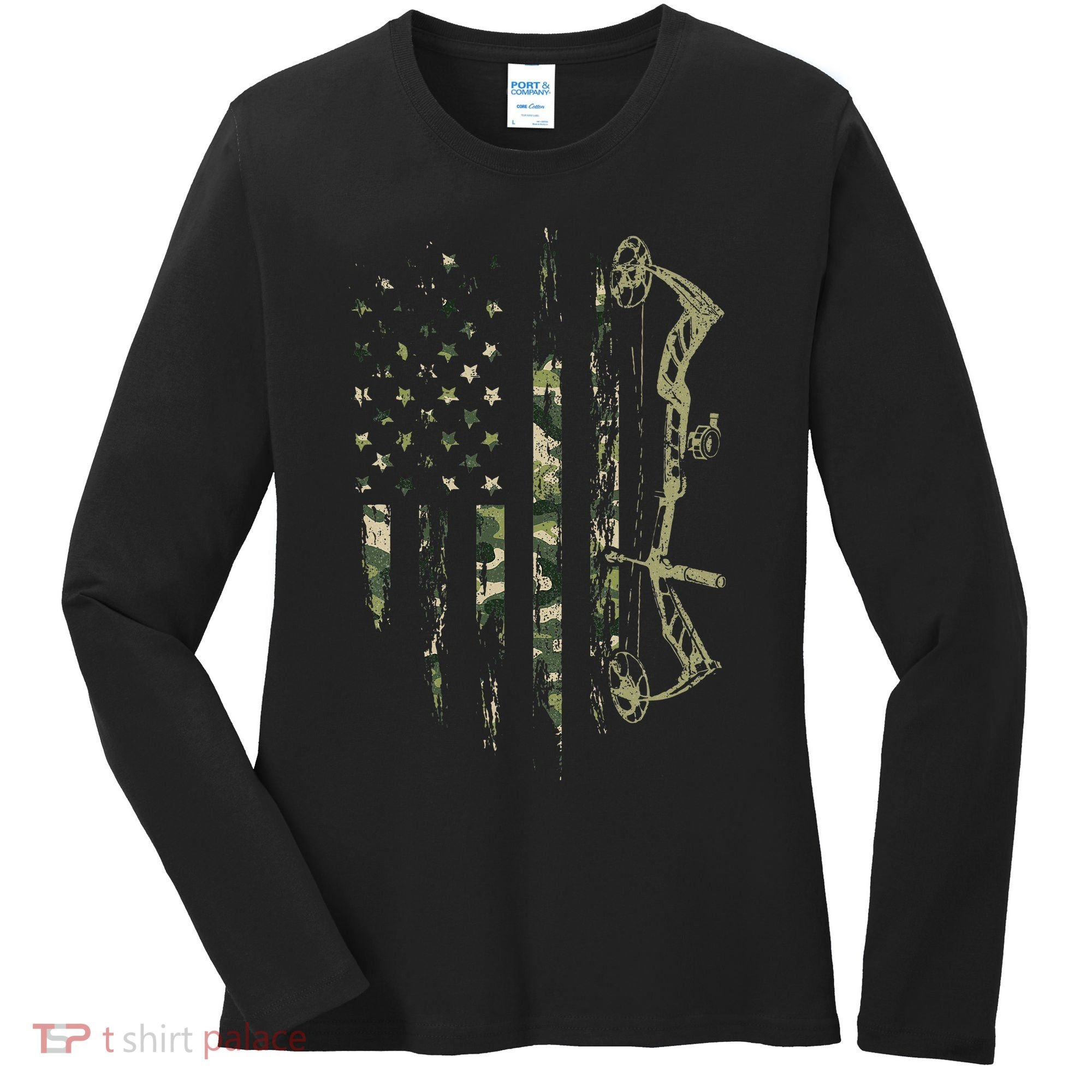 Camo American Flag Bowhunting Bow Archery Deer Hunting Gift Women's Long Sleeve Shirt