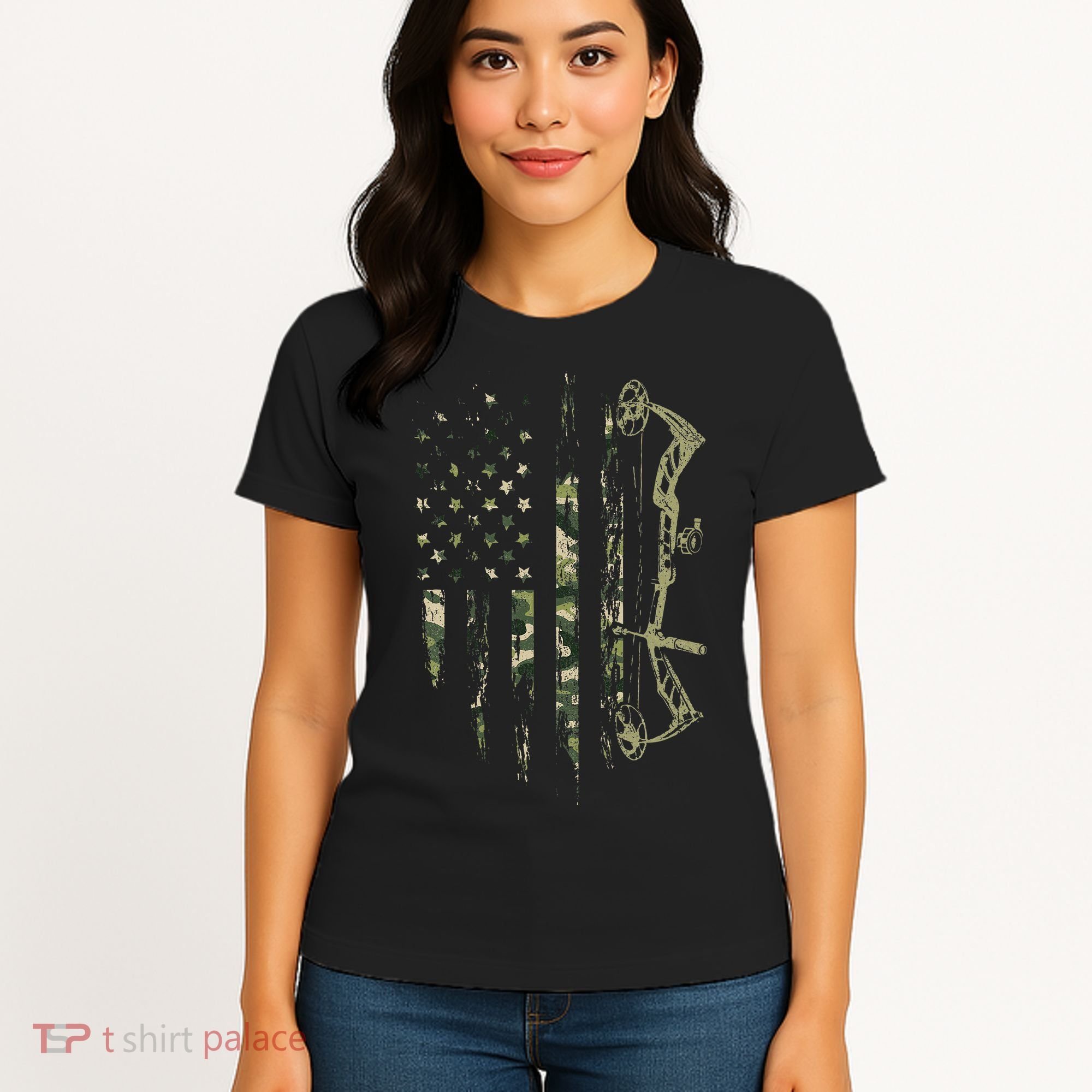 Camo American Flag Bowhunting Bow Archery Deer Hunting Gift Women's T-Shirt