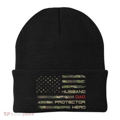 Camouflage American Flag Husband Dad Protector Hero Father Beanie