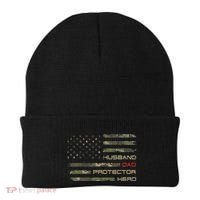 Camouflage American Flag Husband Dad Protector Hero Father Beanie thumb 0