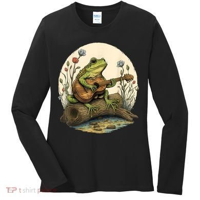 Cottagecore Aesthetic Frog Playing Banjo On Mushroom Women's Long Sleeve Shirt