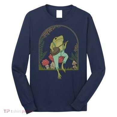 Cottagecore Aesthetic Frog Playing Banjo on Mushroom Cute Long Sleeve Shirt
