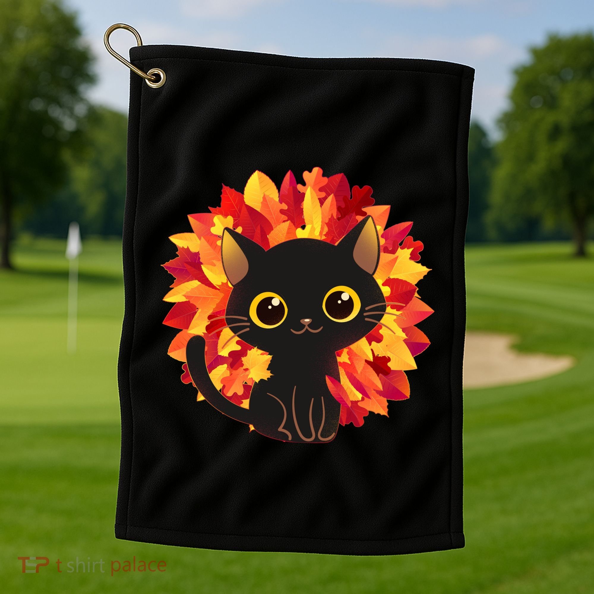 Cute Autumn Fall Black Cat Golf Towel