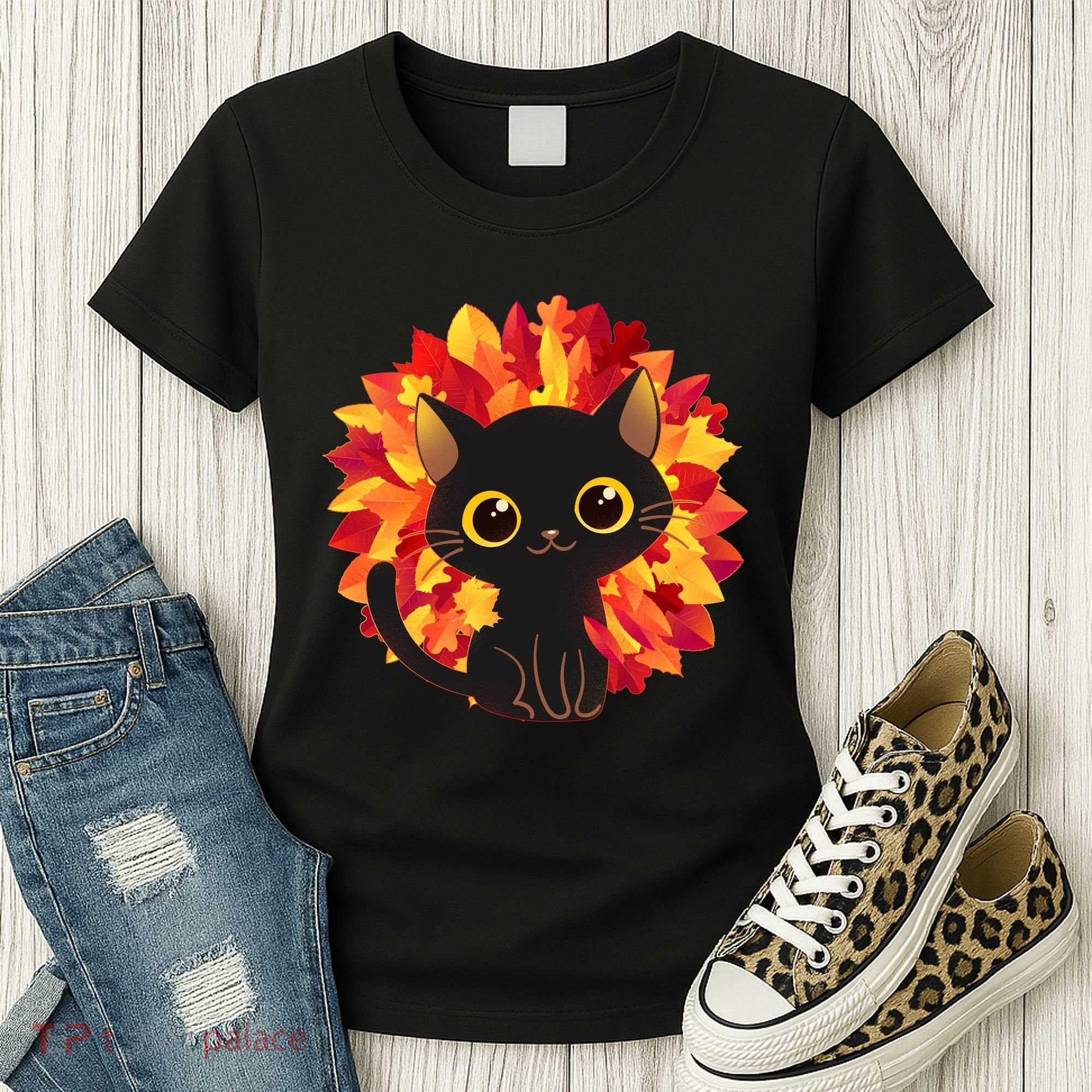 Cute Autumn Fall Black Cat Women's T-Shirt