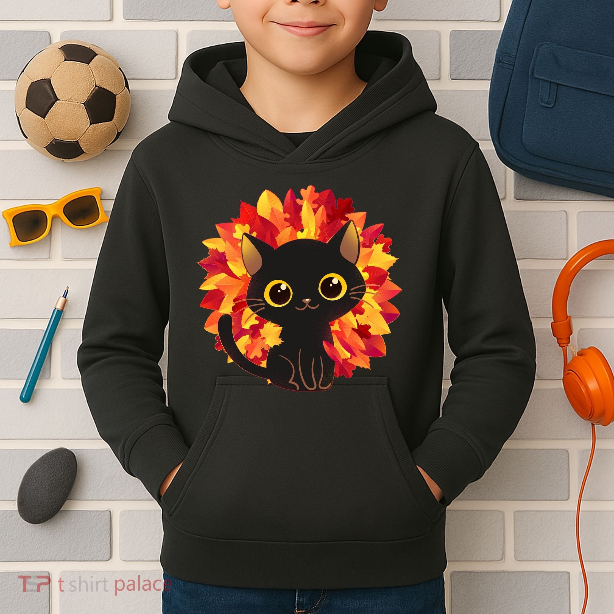 Cute Autumn Fall Black Cat Kids Hoodie