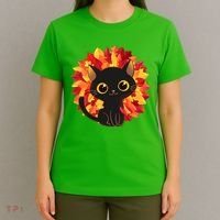 Cute Autumn Fall Black Cat T-Shirt thumb 4
