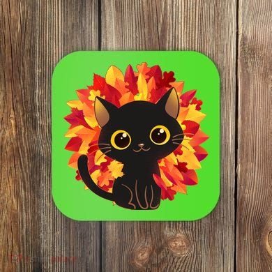 Cute Autumn Fall Black Cat Coaster