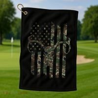 Camo American Flag Deer Skull Elk Hunting Usa Hunter Gift Golf Towel thumb 1
