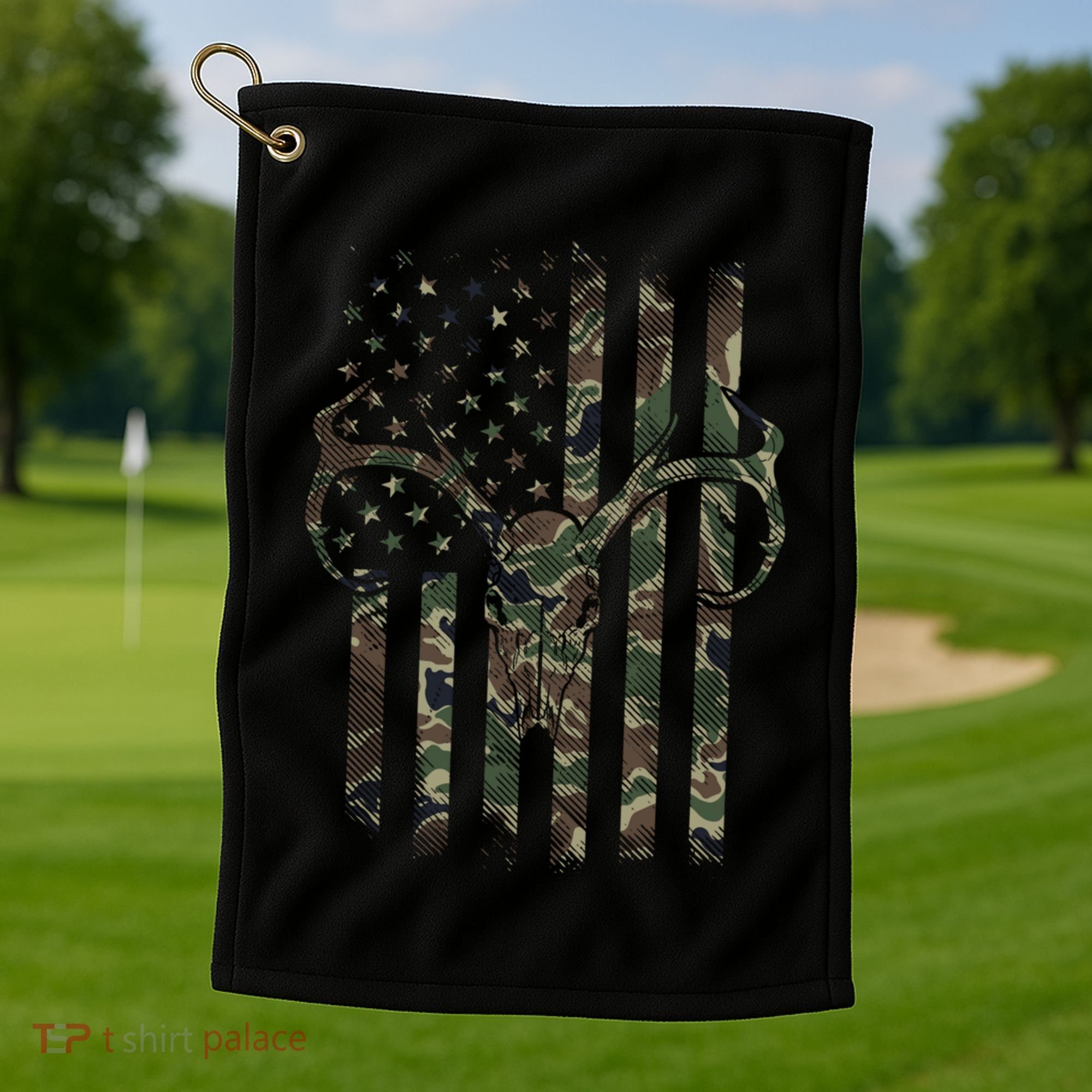 Camo American Flag Deer Skull Elk Hunting Usa Hunter Gift Golf Towel